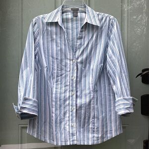 Ann Taylor women’s striped button up shirt, size M, blue, gray, white